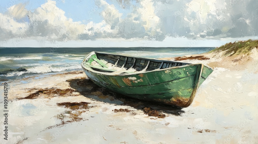 Weathered green boat on a sandy beach with gentle waves lapping at the shore under a cloudy sky, highlighting the tranquility of coastal life. Weathered green boat on a sandy beach with gentle waves lapping at the shore under a cloudy sky, highlighting the tranquility of coastal life.