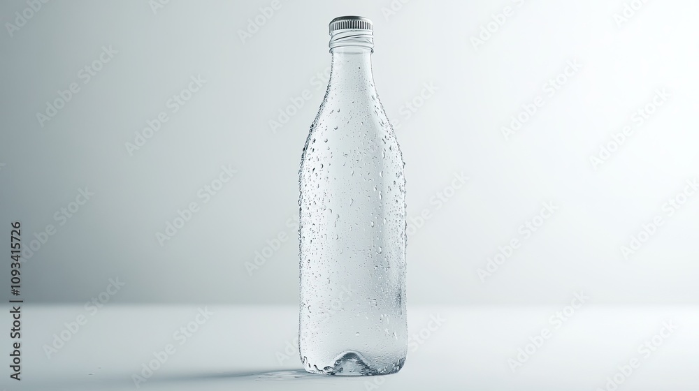 A sleek bottle of mineral water standing upright on a clean white background, droplets forming on the surface. A sleek bottle of mineral water standing upright on a clean white background, droplets forming on the surface.