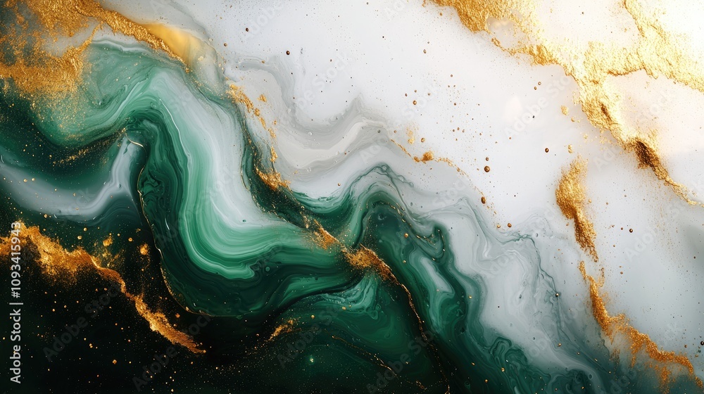 Fluid Art Banner with Abstract Green, Gold, and White Texture Showcasing a Dynamic Paint Mixing Effect Ideal for Interior Decor