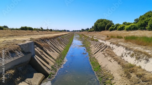 Dried irrigation canal highlighting the effects of prolonged drought, with diminished water levels and surrounding barren land impacting agricultural viability. photo