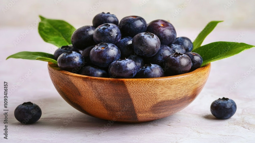 Freshly harvested blueberries piled in a rustic wooden bowl, surrounded by green leaves, showcasing their vibrant color and nutritious appeal. Freshly harvested blueberries piled in a rustic wooden bowl, surrounded by green leaves, showcasing their vibrant color and nutritious appeal.