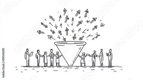 Business Growth Strategy: Funnel to Success - Team collaboration drives exponential growth, visualized by a sales funnel with upward arrows symbolizing increased leads and profits, teamwork, and achie photo