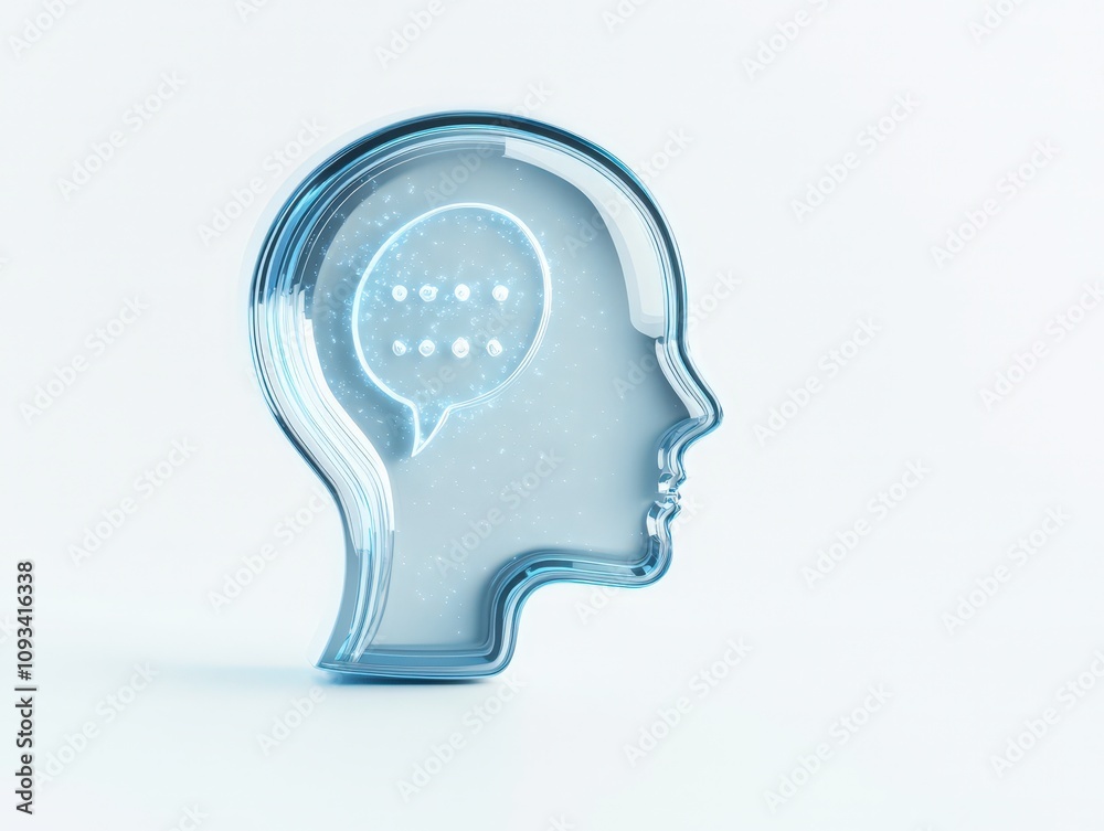 Glass Head with Digital Speech Bubble, Abstract Concept Glass Head with Digital Speech Bubble, Abstract Concept