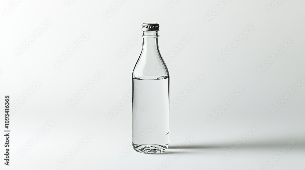 A sleek bottle of mineral water with a transparent design, isolated on a white background. A sleek bottle of mineral water with a transparent design, isolated on a white background.