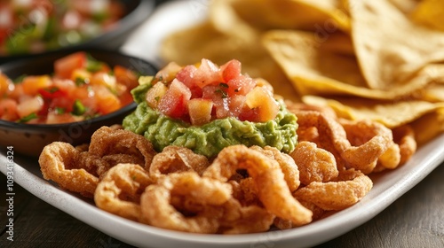 Crispy pork rinds served with guacamole and fresh diced fruits, accompanied by tortilla chips and vibrant salsa in a colorful spread.