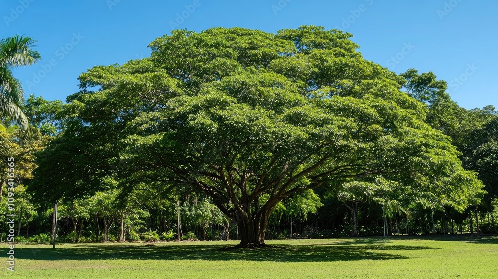 Pili tree showcasing a majestic, broad canopy with dense green foliage against a clear blue sky in a lush tropical setting. Pili tree showcasing a majestic, broad canopy with dense green foliage against a clear blue sky in a lush tropical setting.