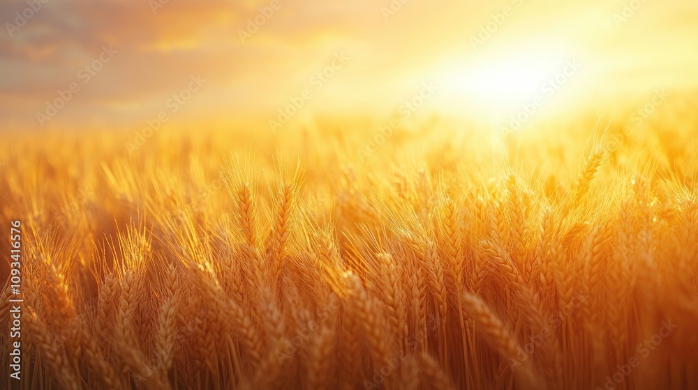 Golden wheat field illuminated by sunset, showcasing ripe ears against a vibrant sky, evoking a sense of abundance and natural beauty.