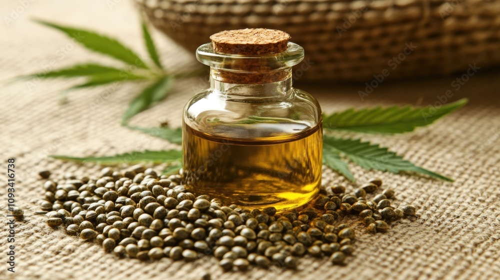 Hemp oil in a glass jar on a textured surface, surrounded by hemp seeds and leaves, with a light background ideal for adding text. Hemp oil in a glass jar on a textured surface, surrounded by hemp seeds and leaves, with a light background ideal for adding text.