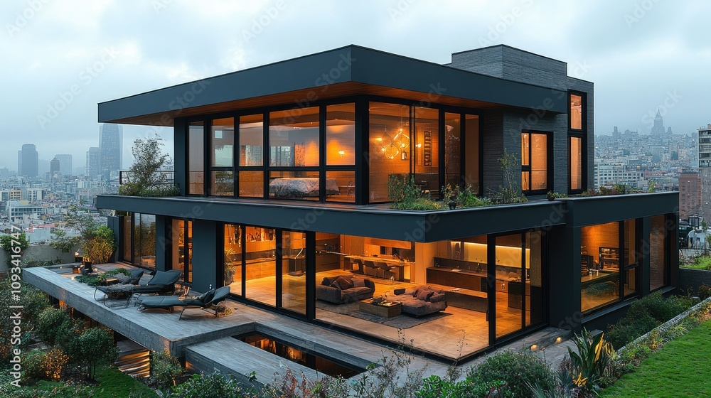 Fototapeta premium Modern house with large glass windows overlooking a city skyline at dusk.