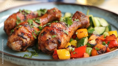 Crispy fried chicken legs garnished with fresh herbs, served alongside a vibrant medley of grilled bell peppers and cucumber slices.