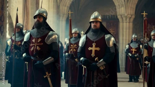 Knights Templar in Full Armor Standing in a Cathedral