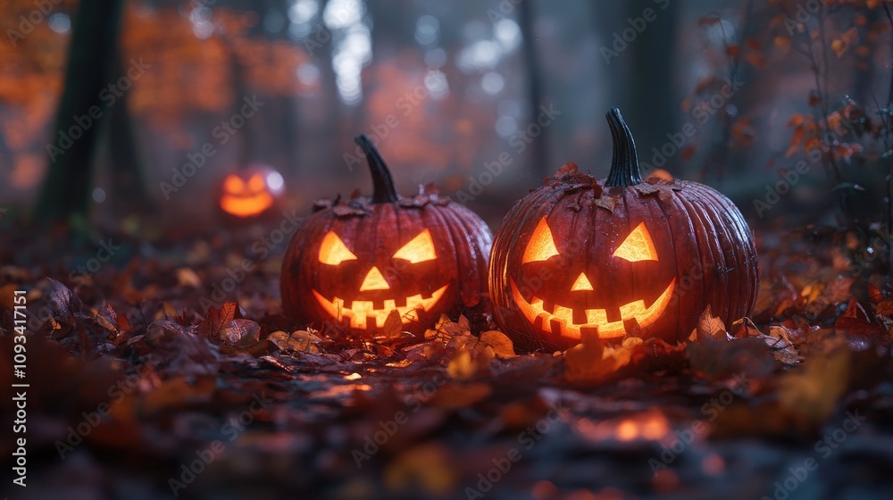 Illuminated jack-o'-lanterns surrounded by colorful autumn leaves in a misty twilight forest, creating a spooky Halloween atmosphere. Illuminated jack-o'-lanterns surrounded by colorful autumn leaves in a misty twilight forest, creating a spooky Halloween atmosphere.