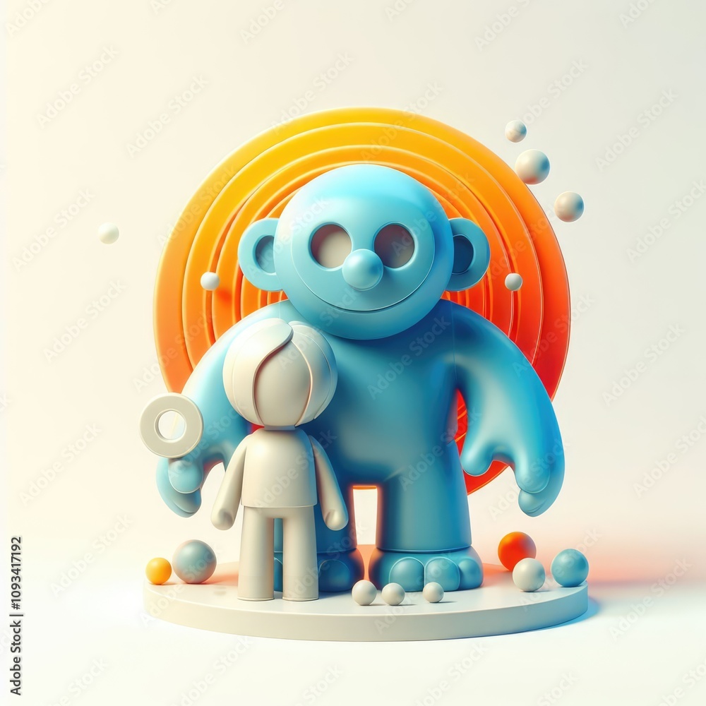 Child and blue snowman. 3D cartoon simple illustration for fantasy background.