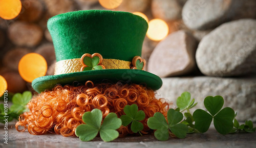 Red curly wig with a green leprechaun hat decorated with shamrocks for St. Patrick's Day photo