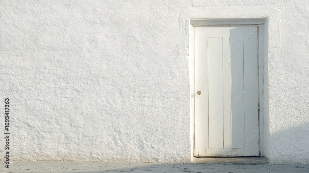 Half open white door revealing a bright, mysterious space beyond, set against a textured white wall with ample copy space for text. Half open white door revealing a bright, mysterious space beyond, set against a textured white wall with ample copy space for text.