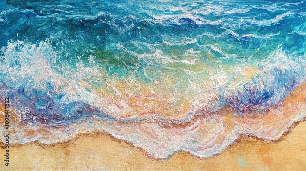 Vibrant ocean waves gently lapping at a sunlit sandy beach, creating a tranquil scene with shades of blue and sandy tones blending beautifully. Vibrant ocean waves gently lapping at a sunlit sandy beach, creating a tranquil scene with shades of blue and sandy tones blending beautifully.