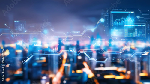 High-Tech Urban Skyline Featuring Digital and Neon Overlays