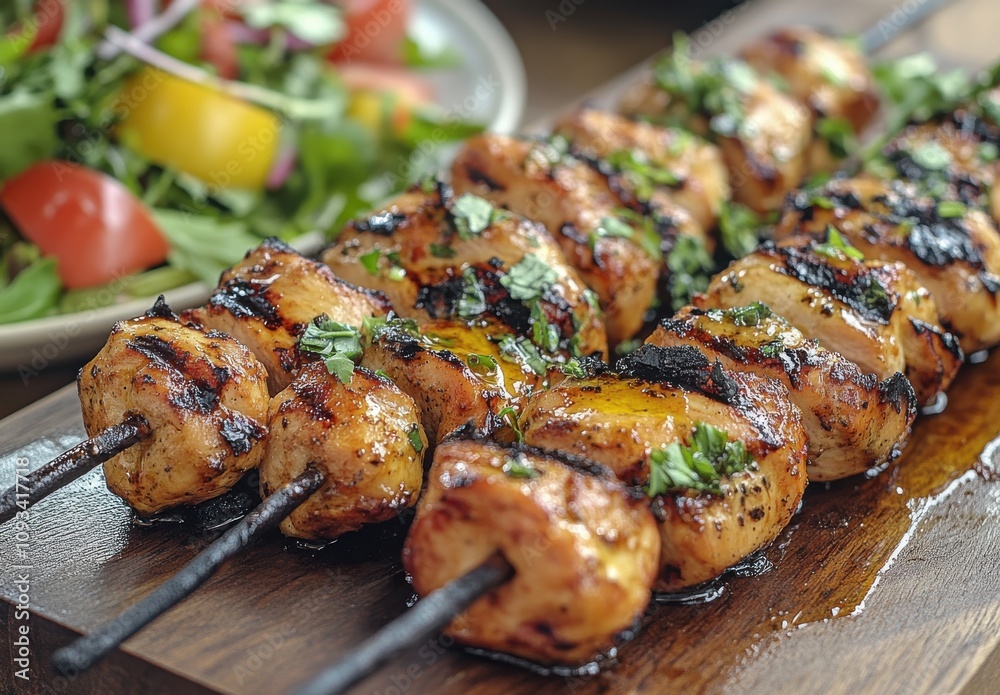 Grilled Chicken Skewers Served on a Wooden Platter Accompanied by Fresh Salad and Colorful Vegetables on a Rustic Table Grilled Chicken Skewers Served on a Wooden Platter Accompanied by Fresh Salad and Colorful Vegetables on a Rustic Table