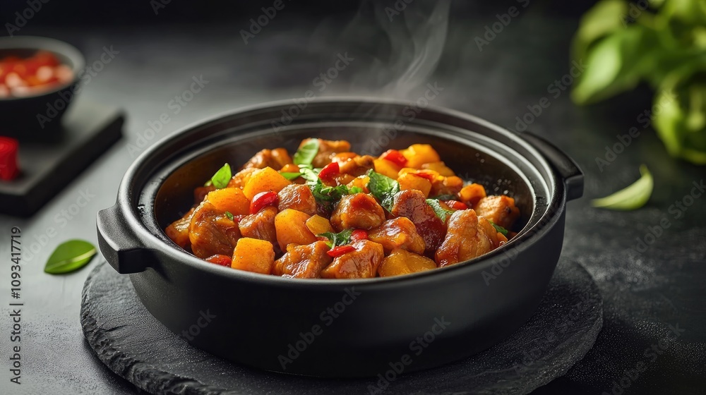 Tender sweet and sour pork with vibrant bell peppers and pineapple chunks, served steaming in a stylish black bowl against a dark backdrop. Tender sweet and sour pork with vibrant bell peppers and pineapple chunks, served steaming in a stylish black bowl against a dark backdrop.
