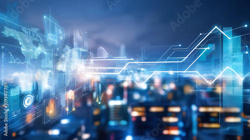 Modern Smart City at Night with Technology and Data Elements