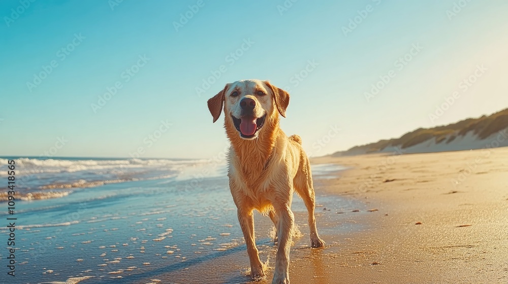 Labrador Retriever Playfully Strolling Along the Sandy Beach with a Bright Sky and Gentle Waves in the Background Labrador Retriever Playfully Strolling Along the Sandy Beach with a Bright Sky and Gentle Waves in the Background