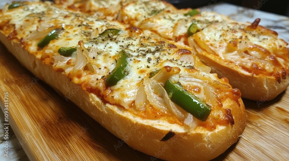 Delicious pizza baguette loaded with melted mozzarella cheese, fresh green peppers, and sautéed onions, served on a wooden board. Delicious pizza baguette loaded with melted mozzarella cheese, fresh green peppers, and sautéed onions, served on a wooden board.