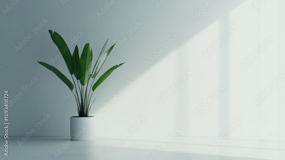 Bird of paradise indoor plant in a minimalist white pot, elegantly positioned against a bright, uncluttered background with soft shadows. Bird of paradise indoor plant in a minimalist white pot, elegantly positioned against a bright, uncluttered background with soft shadows.