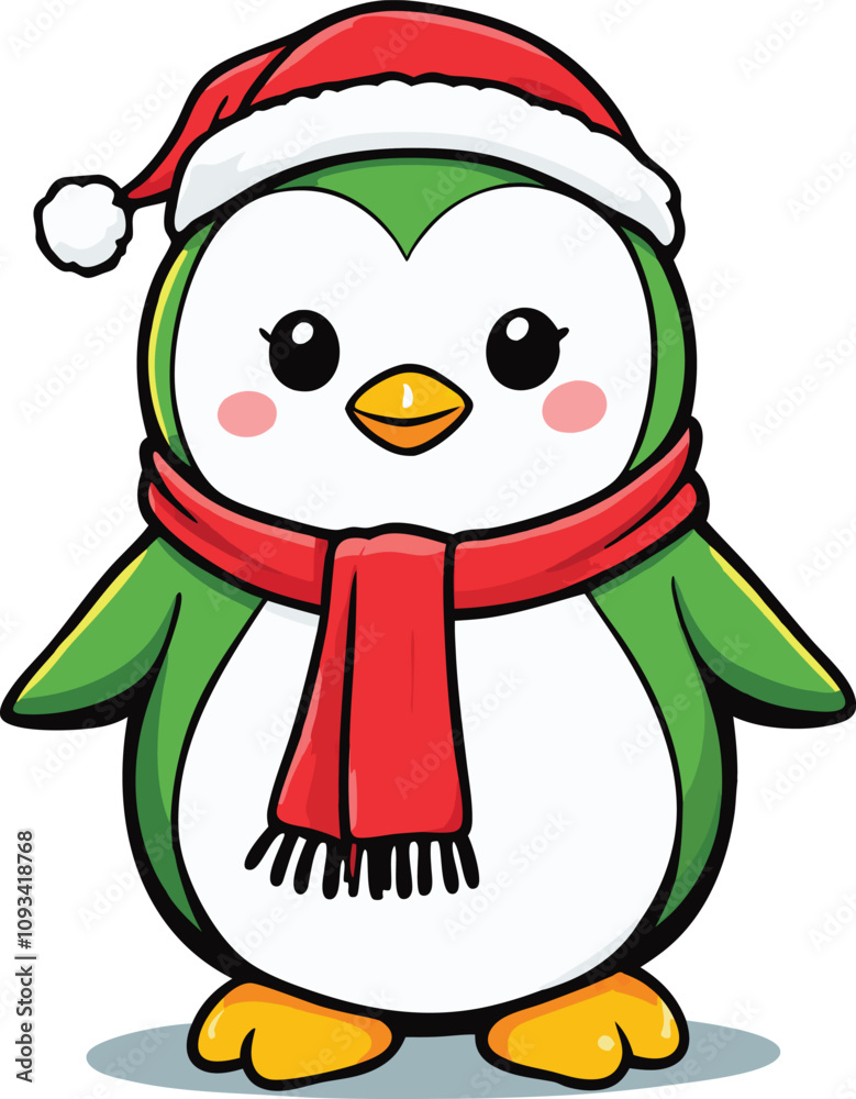 Penguin Vector design with Outline of A cute Frosty the Penguin wearing a Santa claus hat and scarf on white background Penguin Vector design with Outline of A cute Frosty the Penguin wearing a Santa claus hat and scarf on white background