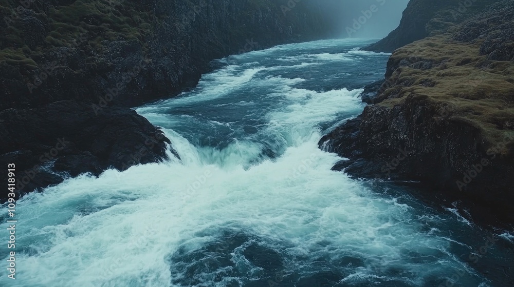 Rugged river flowing rapidly with turbulent white froth amid steep, rocky banks and misty atmosphere, showcasing natural power and serenity.