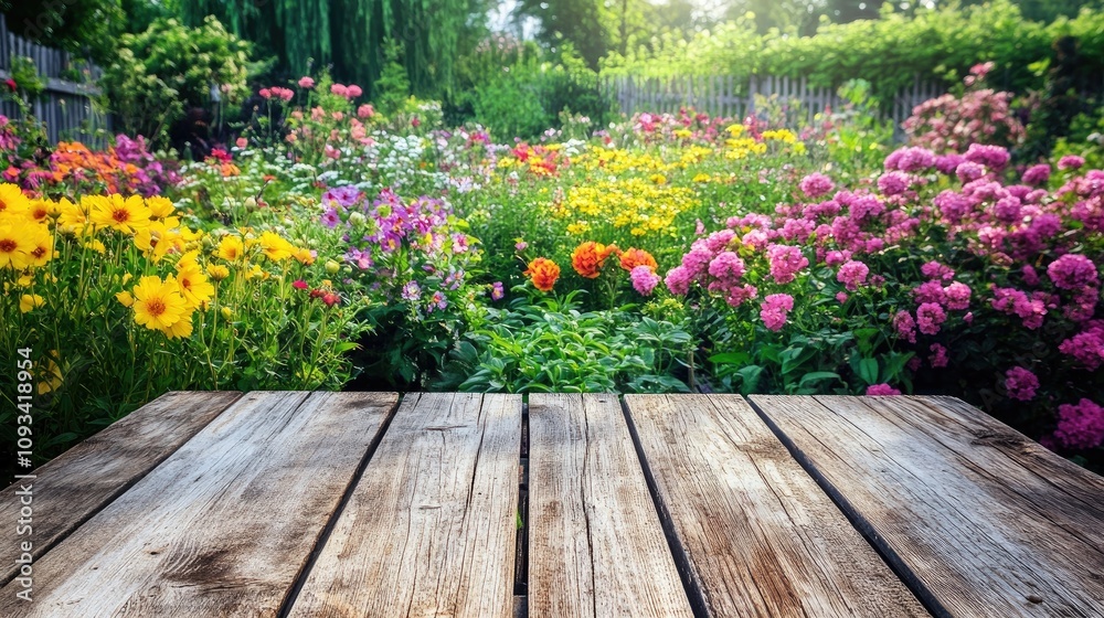 Rustic wooden table set against a colorful and lush garden filled with blooming flowers in vibrant hues of yellow, pink, and orange. Rustic wooden table set against a colorful and lush garden filled with blooming flowers in vibrant hues of yellow, pink, and orange.