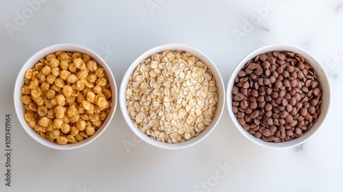 Assorted gluten-free cereals in bowls featuring yellow rice pops, white oats, and chocolate corn groats on a light surface.