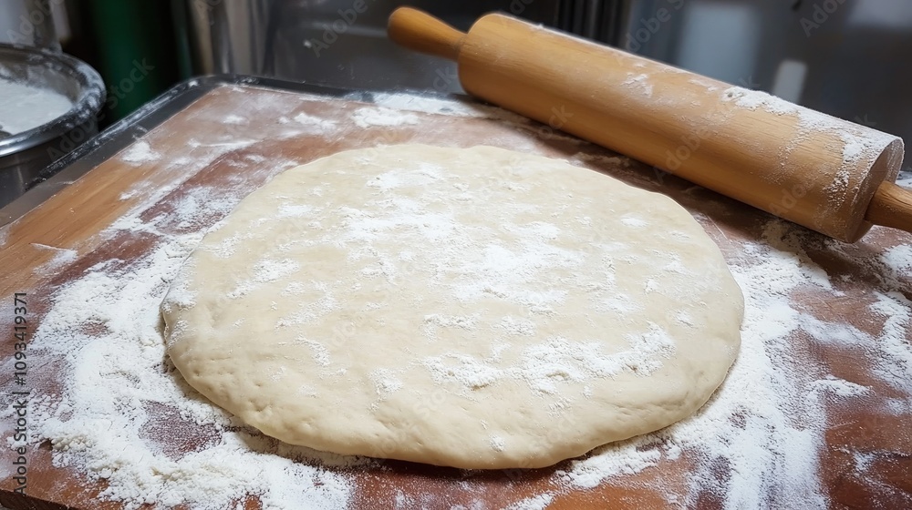 Homemade pizza dough meticulously rolled out on a floured wooden surface, with a wooden rolling pin resting beside it. Homemade pizza dough meticulously rolled out on a floured wooden surface, with a wooden rolling pin resting beside it.