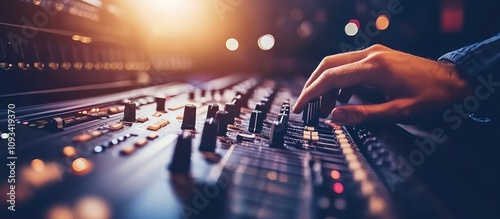 Sound Engineer's Hand Adjusting Audio Mixer Control Panel in Recording Studio photo