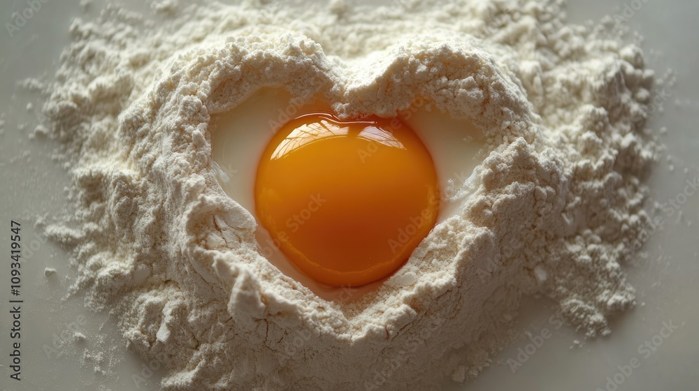Heart-shaped arrangement crafted from raw egg yolk nestled in flour, featuring selective focus and generous empty space for text or design. Heart-shaped arrangement crafted from raw egg yolk nestled in flour, featuring selective focus and generous empty space for text or design.