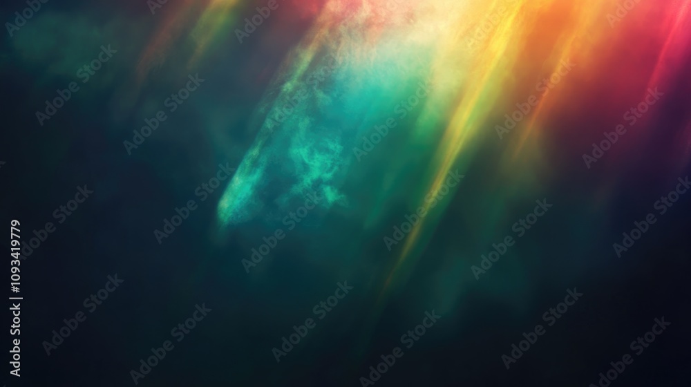 Vibrant blurred rainbow light leaks create a soft, colorful overlay against a dark background, ideal for photography filters or abstract textures.