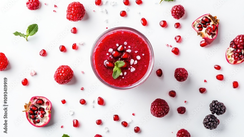 Overhead view of a vibrant pomegranate smoothie in a glass, adorned with mint, surrounded by fresh berries and pomegranate seeds on a clean white background. Overhead view of a vibrant pomegranate smoothie in a glass, adorned with mint, surrounded by fresh berries and pomegranate seeds on a clean white background.