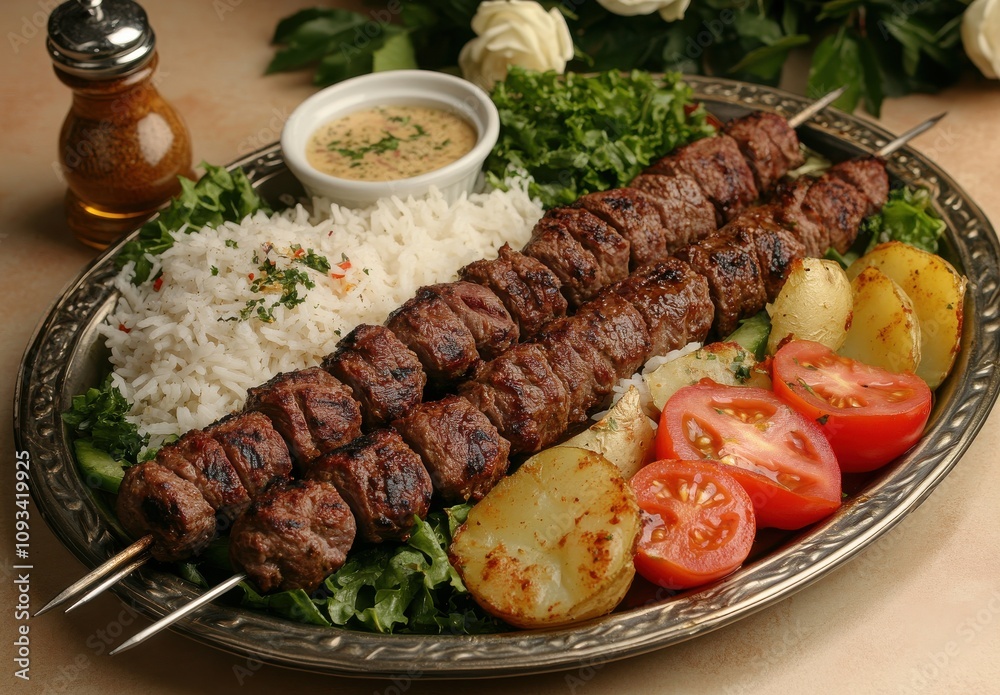Grilled Meat Skewers on Platter with Rice, Vegetables, and Sauce, Showcasing a Delicious and Flavorful Culinary Presentation for Food Lovers Grilled Meat Skewers on Platter with Rice, Vegetables, and Sauce, Showcasing a Delicious and Flavorful Culinary Presentation for Food Lovers