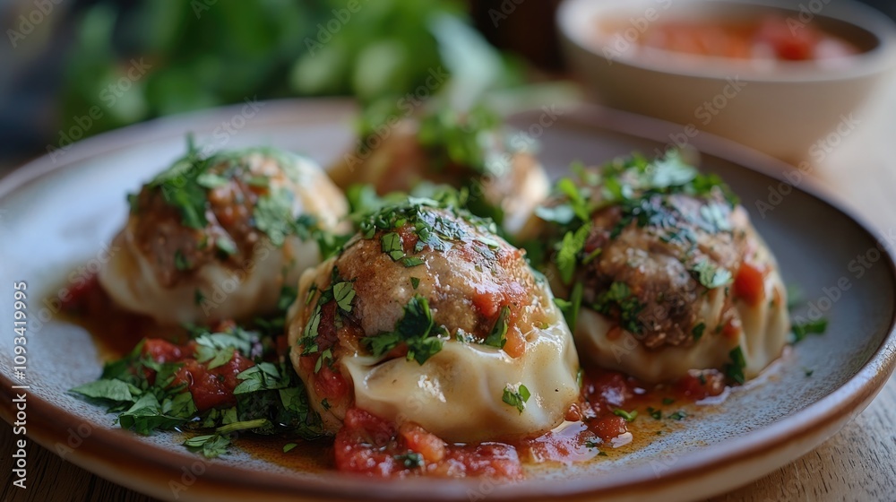 Homemade meat khinkali elegantly arranged on a rustic plate, garnished with fresh herbs and accompanied by a tangy tomato sauce in a side dish.