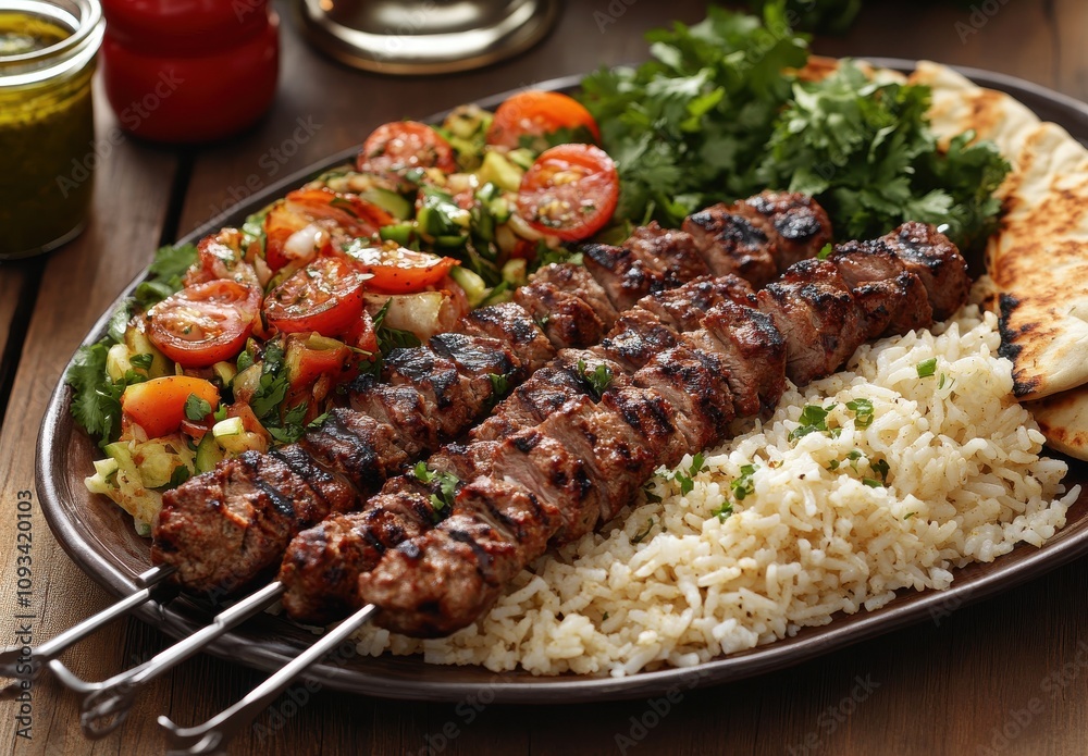 Grilled Meat Skewers Served With Fresh Salad, Rice, Bread, and Green Sauce on a Rustic Wooden Table for a Gourmet Dining Experience Grilled Meat Skewers Served With Fresh Salad, Rice, Bread, and Green Sauce on a Rustic Wooden Table for a Gourmet Dining Experience