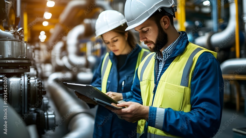 Engineers examining aircraft engines in a bright industrial setting Engineers examining aircraft engines in a bright industrial setting