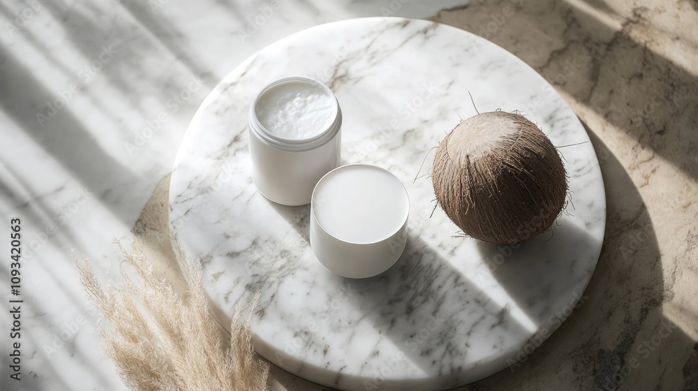 Containers of plant-based milk and a coconut arranged on a round marble surface with soft natural light casting shadow patterns.