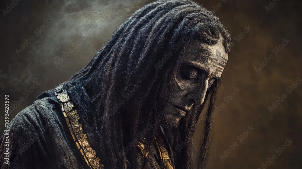 Ancient mummy with long, eerie dreadlocked hairstyle and worn facial features, adorned with intricate golden jewelry around the neck. Ancient mummy with long, eerie dreadlocked hairstyle and worn facial features, adorned with intricate golden jewelry around the neck.