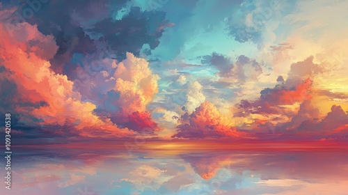 Vivid Cloudscape Artwork Showcasing Fluffy Clouds at Sunset with Reflective Waters Symbolizing New Beginnings and Serene Horizons