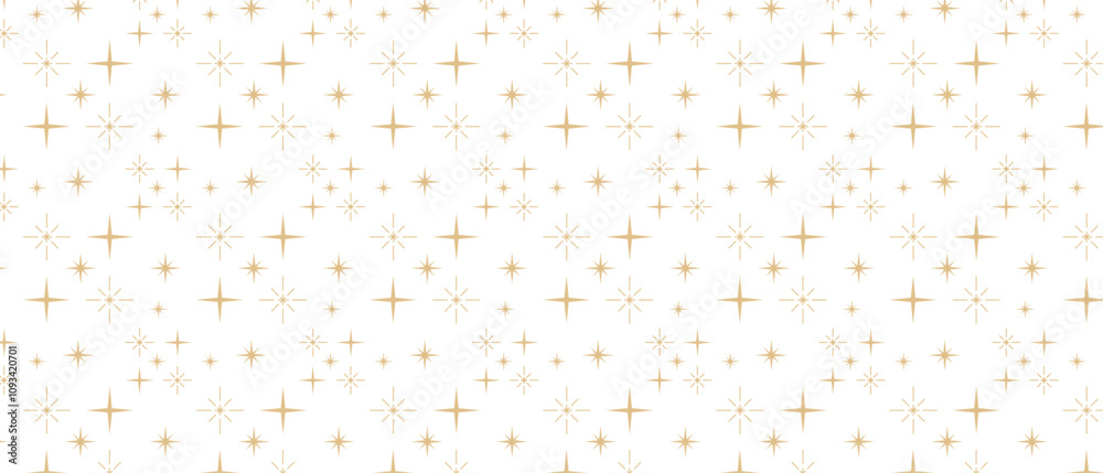 Christmas background with golden celestial star pattern. Vector stars and sparkles border, divider, banner. Holiday festive lights on transparent background. 