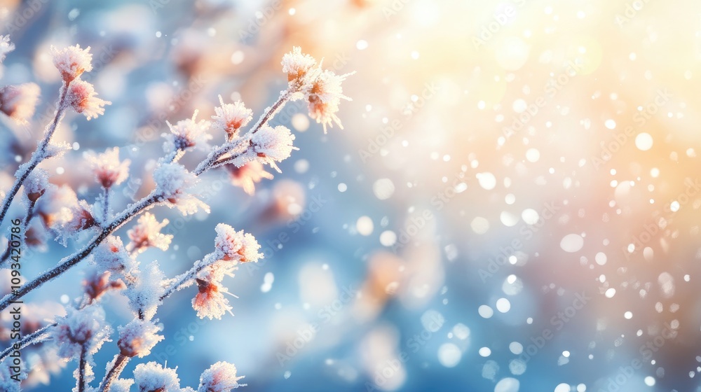 Winter landscape showcasing delicate frozen flowers surrounded by softly falling snowflakes and a warm glowing sunlight backdrop. Serene and peaceful scenery. Winter landscape showcasing delicate frozen flowers surrounded by softly falling snowflakes and a warm glowing sunlight backdrop. Serene and peaceful scenery.