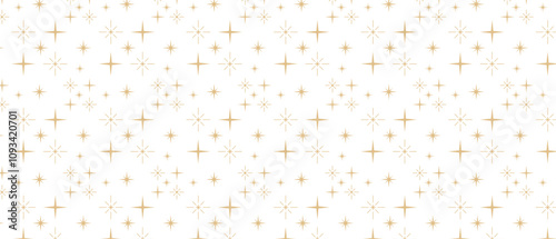 Christmas background with golden celestial star pattern. Vector stars and sparkles border, divider, banner. Holiday festive lights on transparent background. 