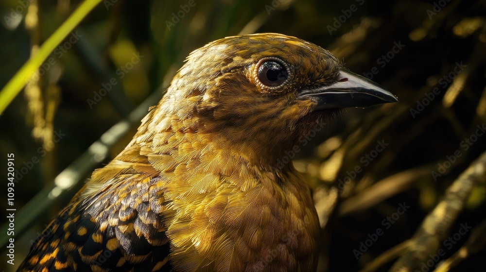 Elegant close-up of a bowerbird revealing intricate feather patterns and vibrant colors in a lush, natural environment. Elegant close-up of a bowerbird revealing intricate feather patterns and vibrant colors in a lush, natural environment.