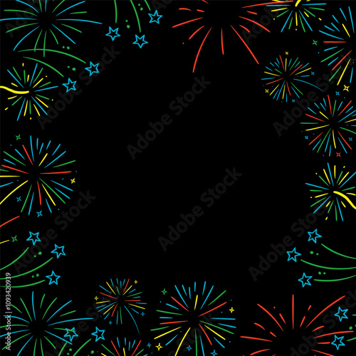 Fireworks with stars and sparks on black background. Festival colorful border frame. Holiday vector greeting card template. Space for text.
