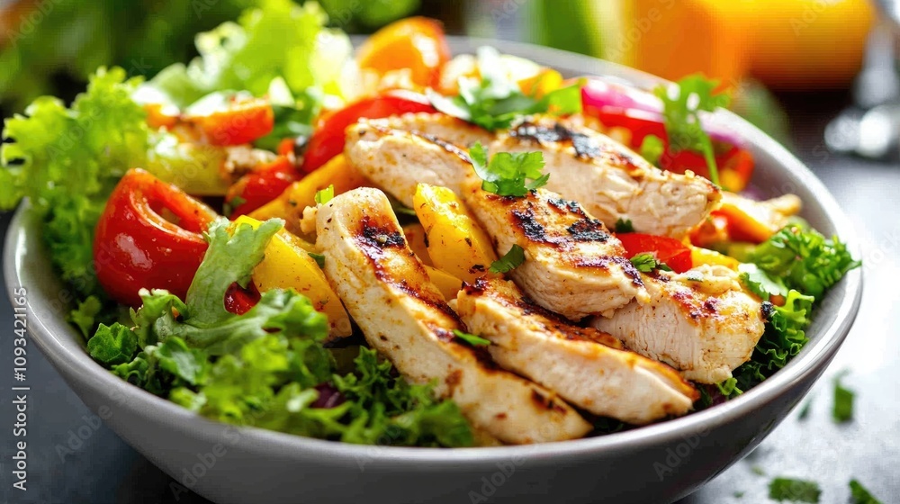Grilled chicken strips atop a vibrant mix of fresh vegetables and leafy greens in a stylish bowl, showcasing a colorful and healthy fajita dish. Grilled chicken strips atop a vibrant mix of fresh vegetables and leafy greens in a stylish bowl, showcasing a colorful and healthy fajita dish.