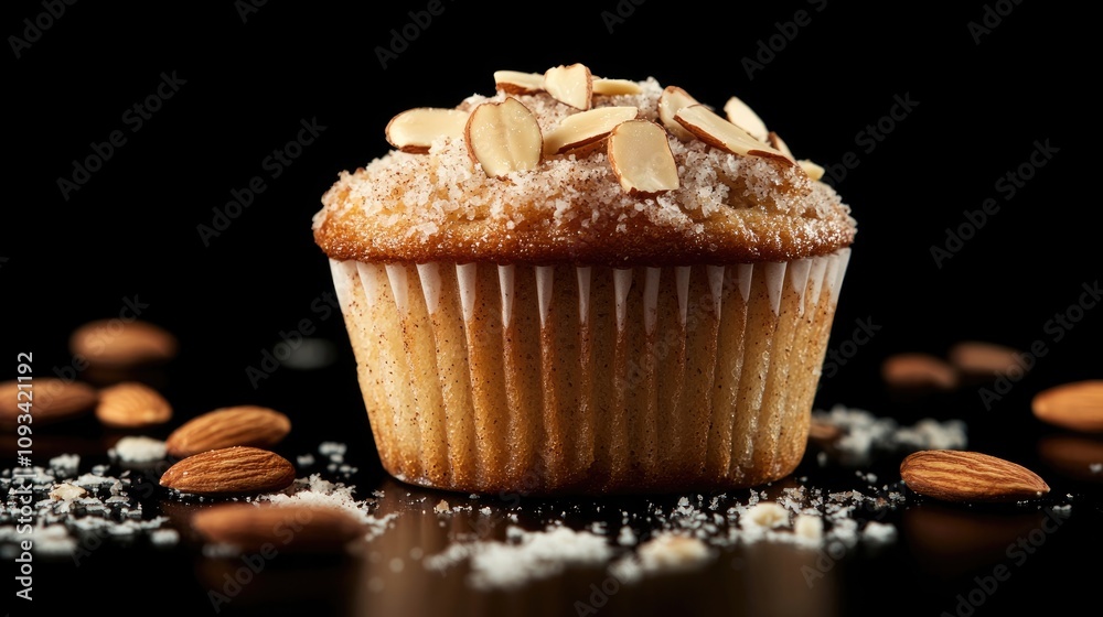 Coconut cinnamon muffin with almond flakes on a black background, showcasing a healthy dessert with a minimalist aesthetic and ample copy space Coconut cinnamon muffin with almond flakes on a black background, showcasing a healthy dessert with a minimalist aesthetic and ample copy space